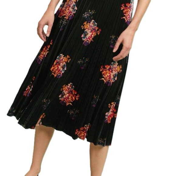 Anthropologie MAEVE Floral Velvet Skirt Pleated Midi Maxi Black Pleats A-Line XS - Picture 4 of 8